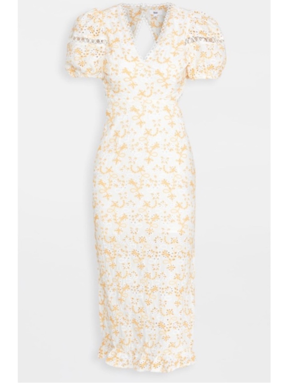 Rahi Anthropologie White Eyelet Puff Sleeve Yellow Floral Open Midi Dress Large